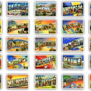 GREETINGS FROM 50 American states vintage reprints postcard set ca. 1930-1940's.